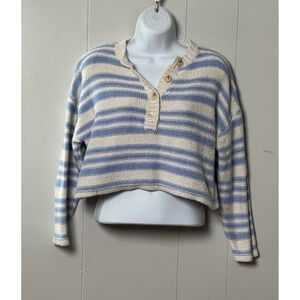 Billabong Womens Blue Cream Striped Henley Cropped Knit Sweater Size Medium